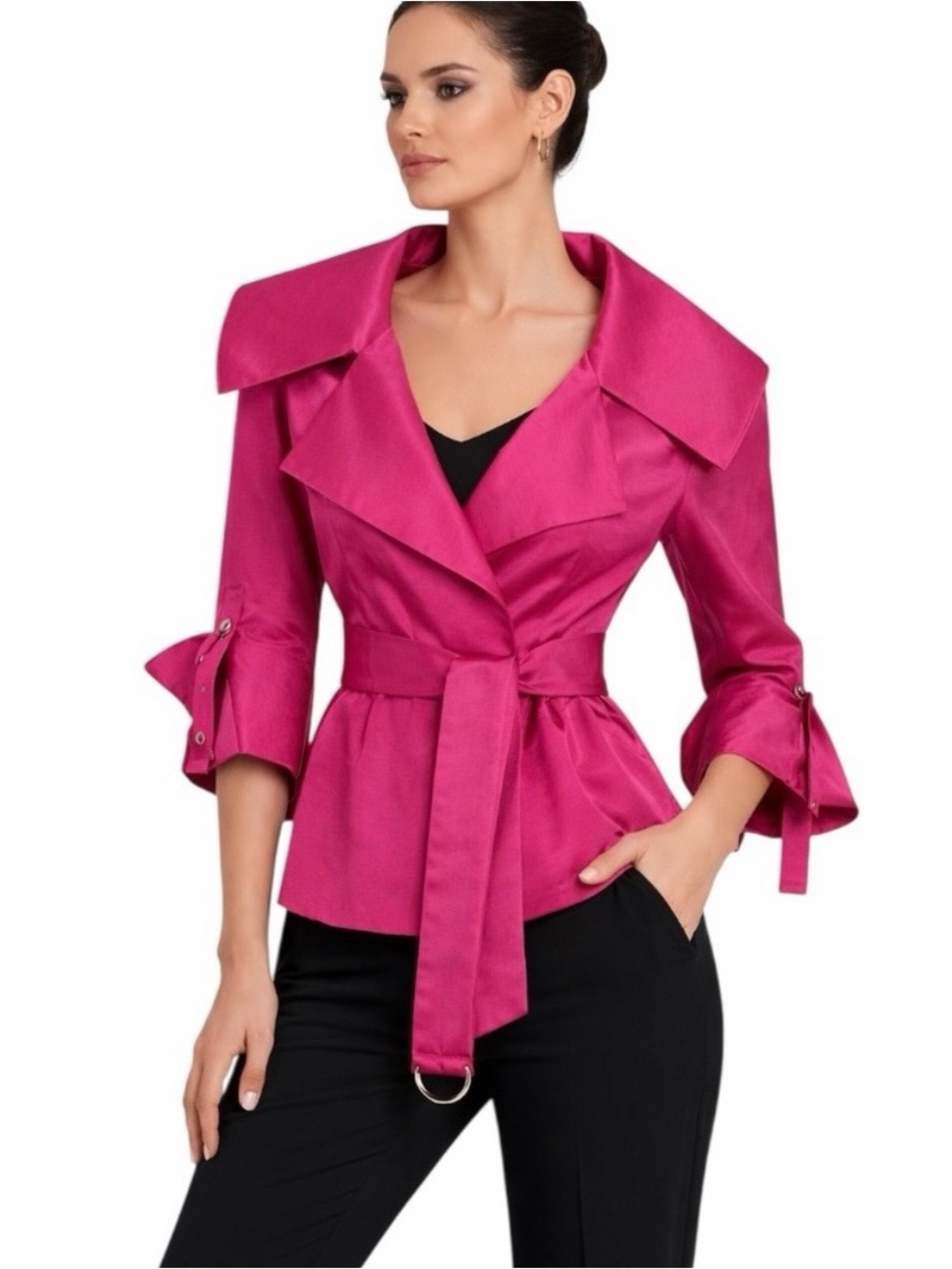 Yoana Baraschi Fuchsia Tie-Waist Jacket w/portrait collar & adjustable sleeves
